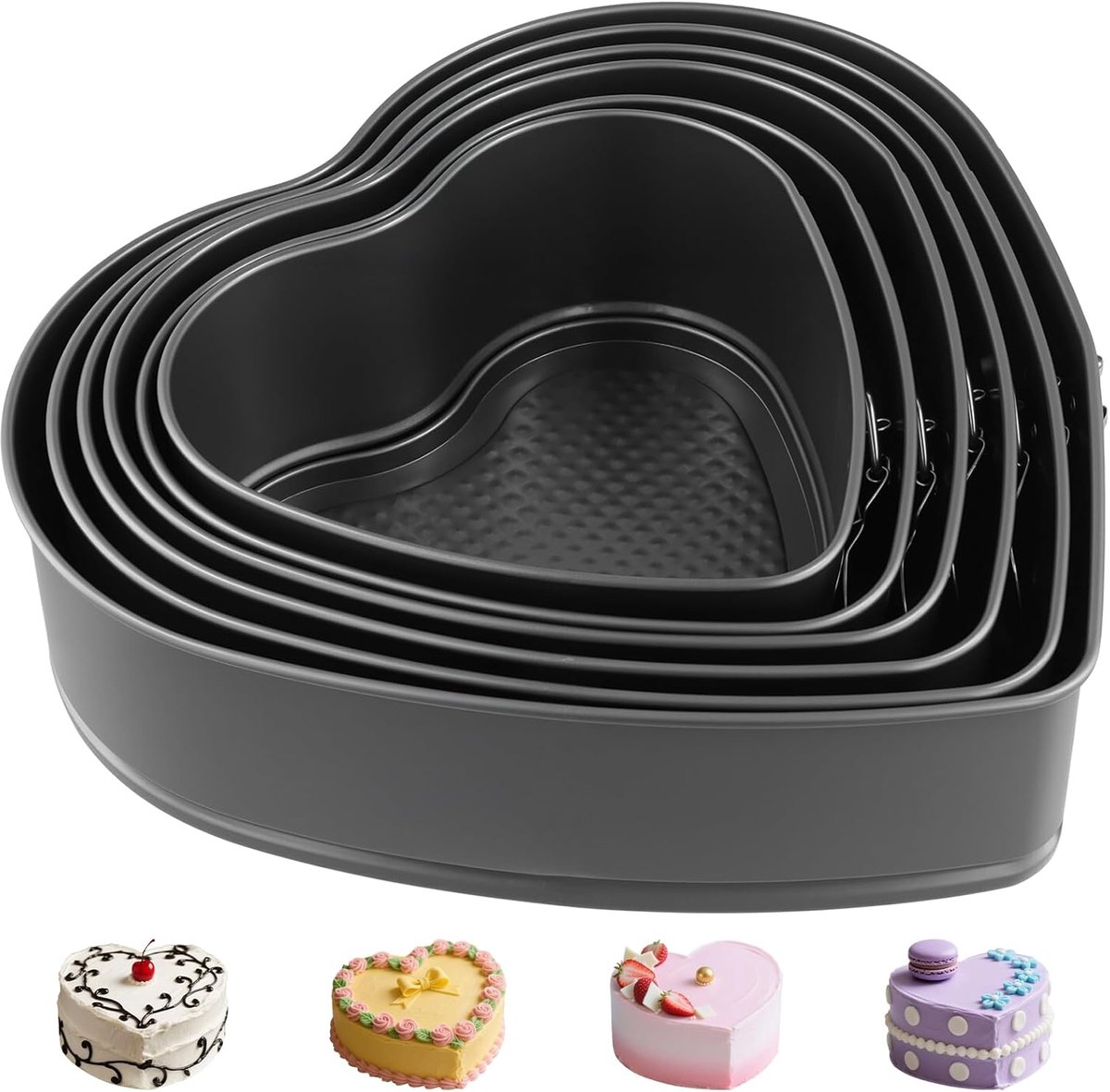 ZOENHOU 6 Pieces Heart Cake Moulds, 6 Sizes, Black Carbon Steel, Springform Pan Heart Set, Removable Flat Bottom - ShopVlot