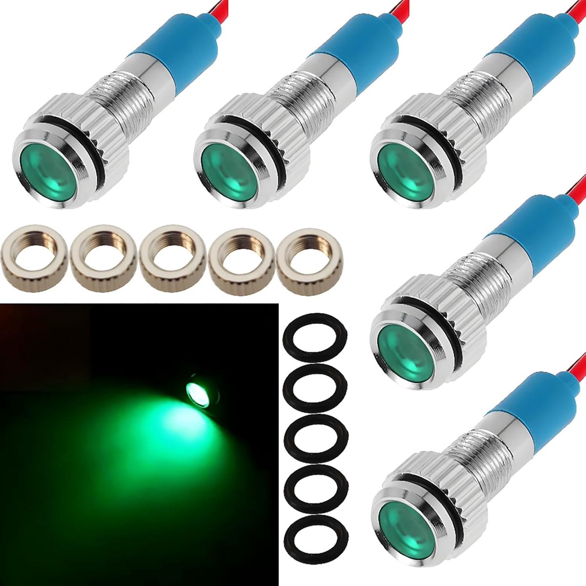 CESFONJER 5Pcs 8mm 1/4" LED Metal Indicator Light 12V Waterproof Signal Lamp Pilot Dashboard Directional Car Truck - ShopVlot