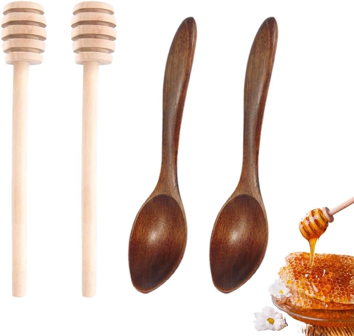 Set van 4 honingroerders en lepel - Houten honinglepels, spiralen en roerstaafjes voor honinggebruik