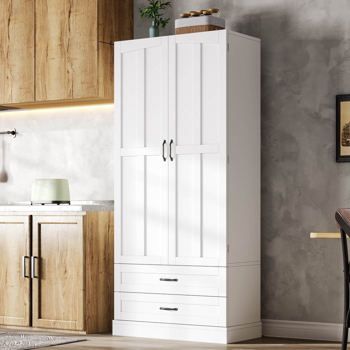 DESMIU Keukenkast - Hoogkast Met 3 Uitneembare Legplanken En 2 Lades - Voor Keuken, Eetkamer En Woonkamer - MDF - Wit - 180x80x37,5 Cm