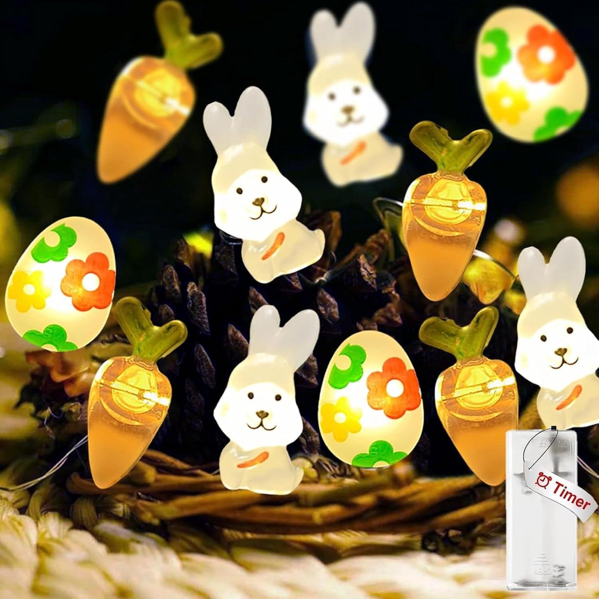 Koboko Easter String Lights 2 m 20 LED Battery Operated Decorative Lights Warm White with Timer Function for Easter - ShopVlot
