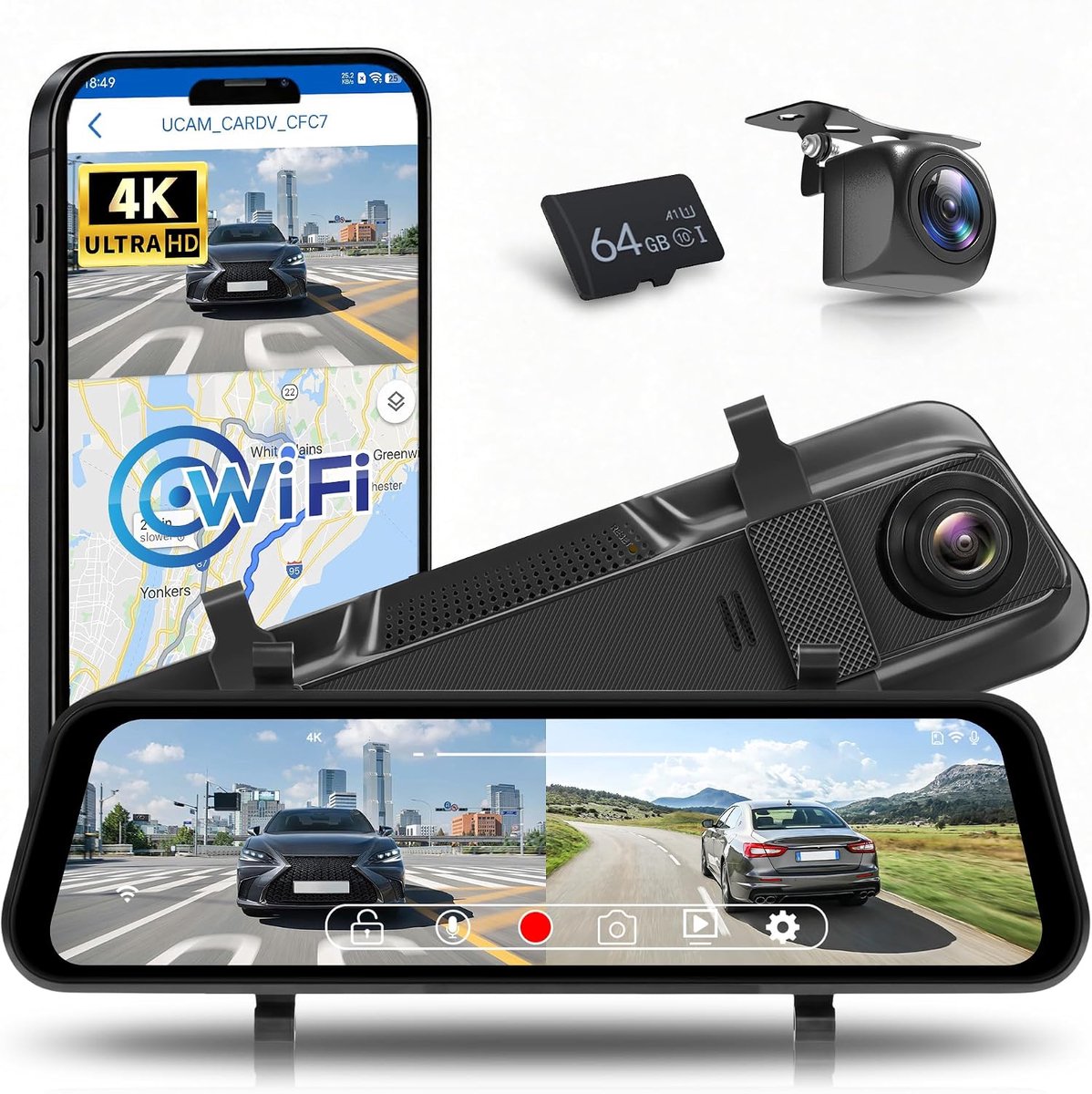Dashcam 9,66 inch 4K - Spiegelmodel - Achteruitrijcamera 1080P - Veiligheid tijdens het rijden - ShopVlot