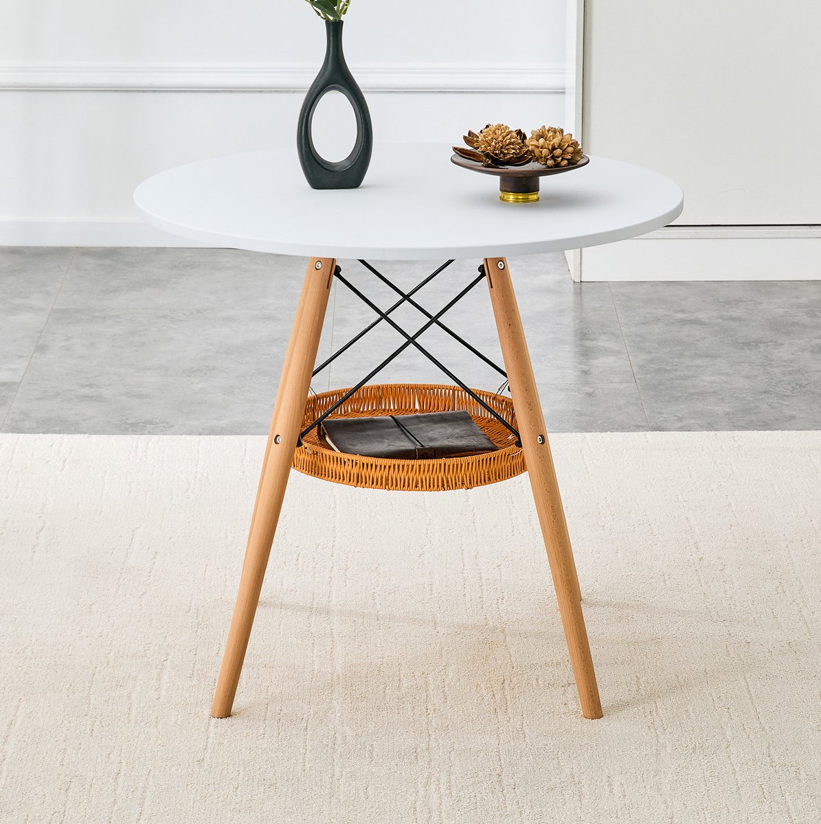 COVREO Ronde eettafel 80 cm wit, MDF blad met houten poten en opbergmand