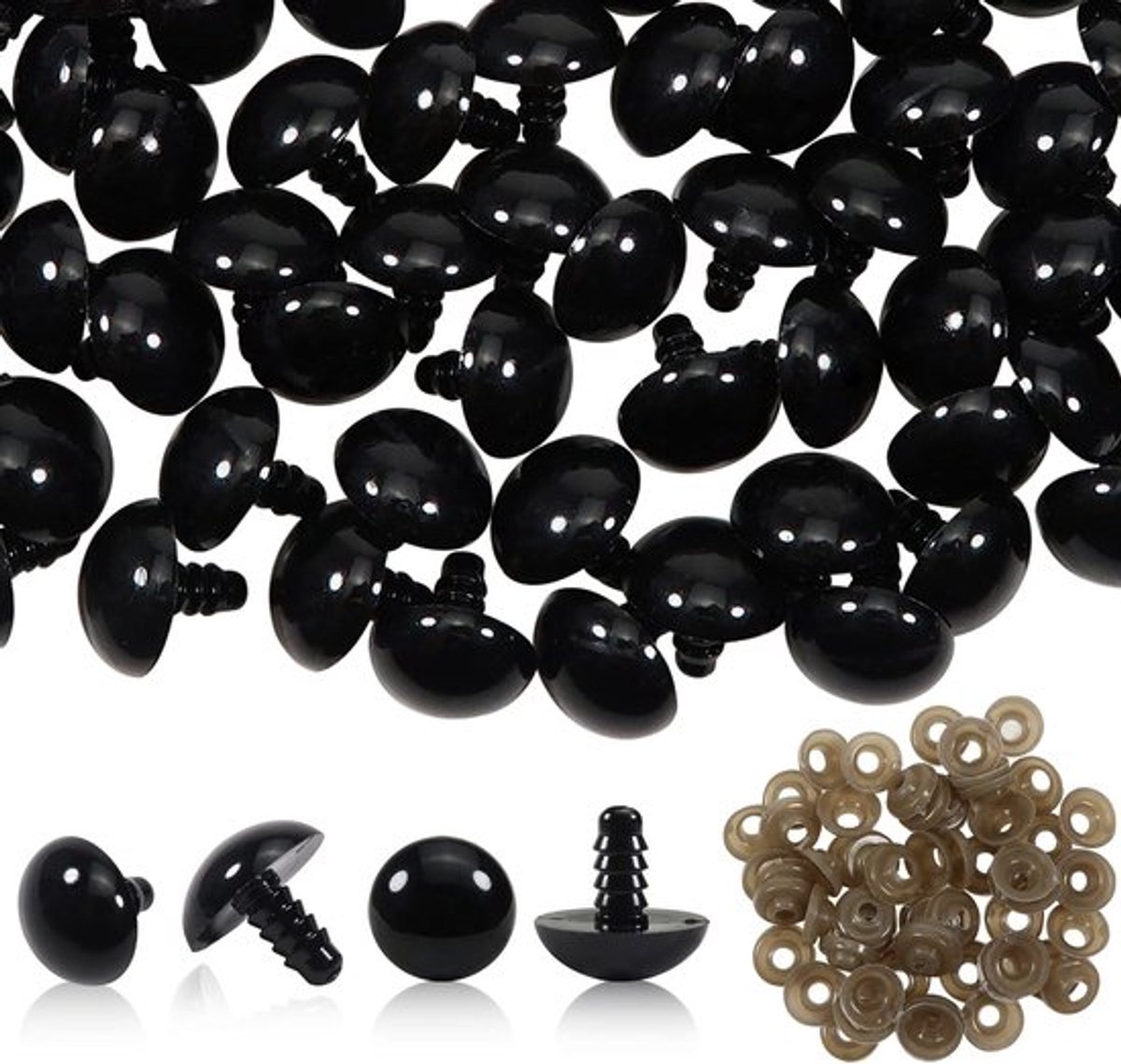 Poppenogen 50 Stuks - Veiligheidsogen 16 mm - Kunststof Ogen - Sluitringen - Vulling voor Knuffels - Veiligheidsneusjes