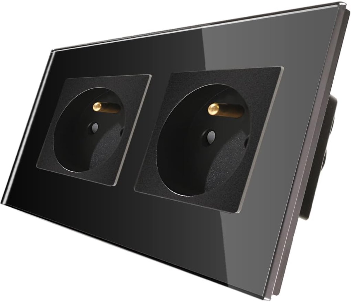 Wandcontactdoos 16A - extra platte socket - zwart glazen paneel - ideaal voor huishoudelijke apparaten - ShopVlot
