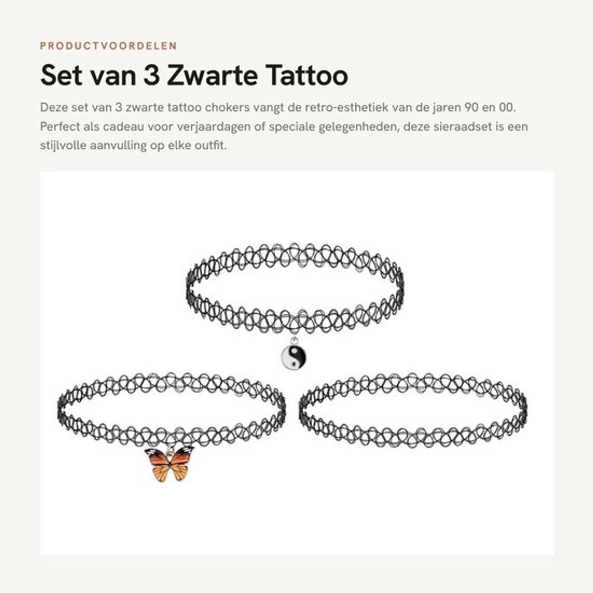Set van 3 Zwarte Tattoo Chokers voor Vrouwen en Tieners