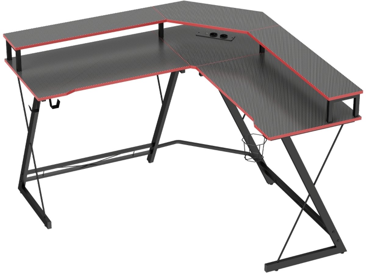 L-vormige Bureau 128x128 cm - Hoekbureau Met 2 Stopcontacten, USB, Monitorstandaard, Koptelefoonhaak En Bekerhouder Zwart