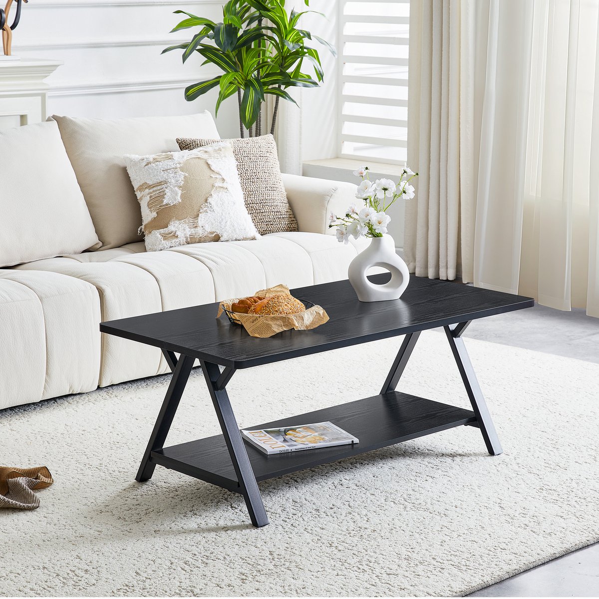 Industriële Salontafel 110x57x44,5 cm - X-Vorm Metalen Onderstel Met Dubbele Opbergplank Zwart