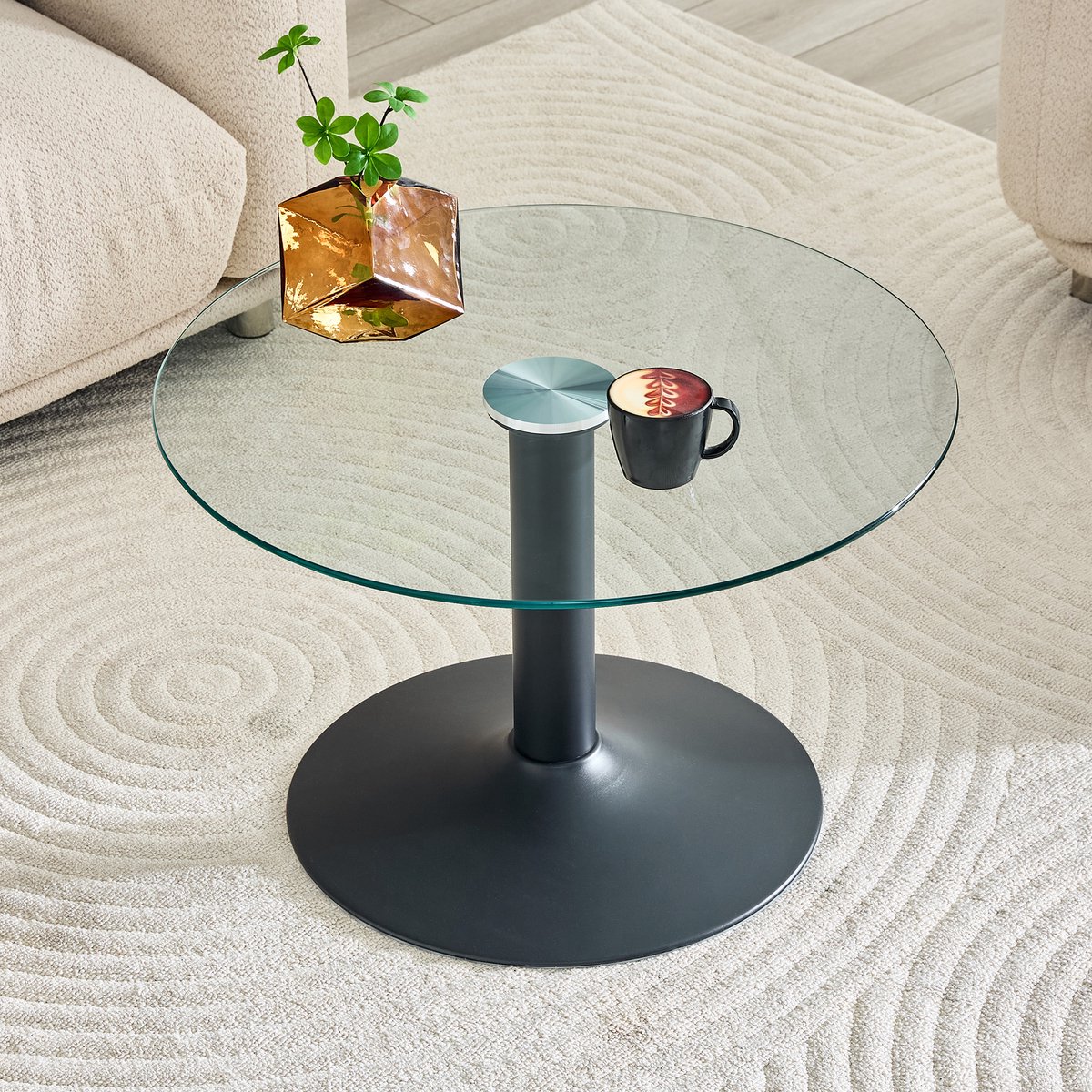 Ronde Salontafel 70 cm - Glazen Bijzettafel Met Gehard Glas En Metalen Frame Zwart