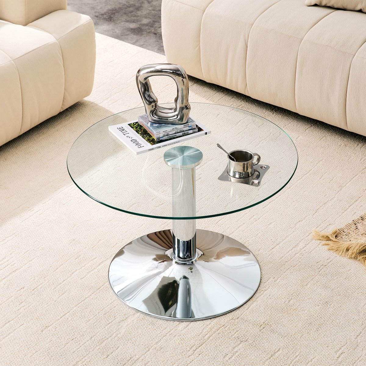Ronde Salontafel 70 cm - Glazen Tafel Met Gehard Glas En Metalen Frame - Modern Bijzettafeltje Zilver