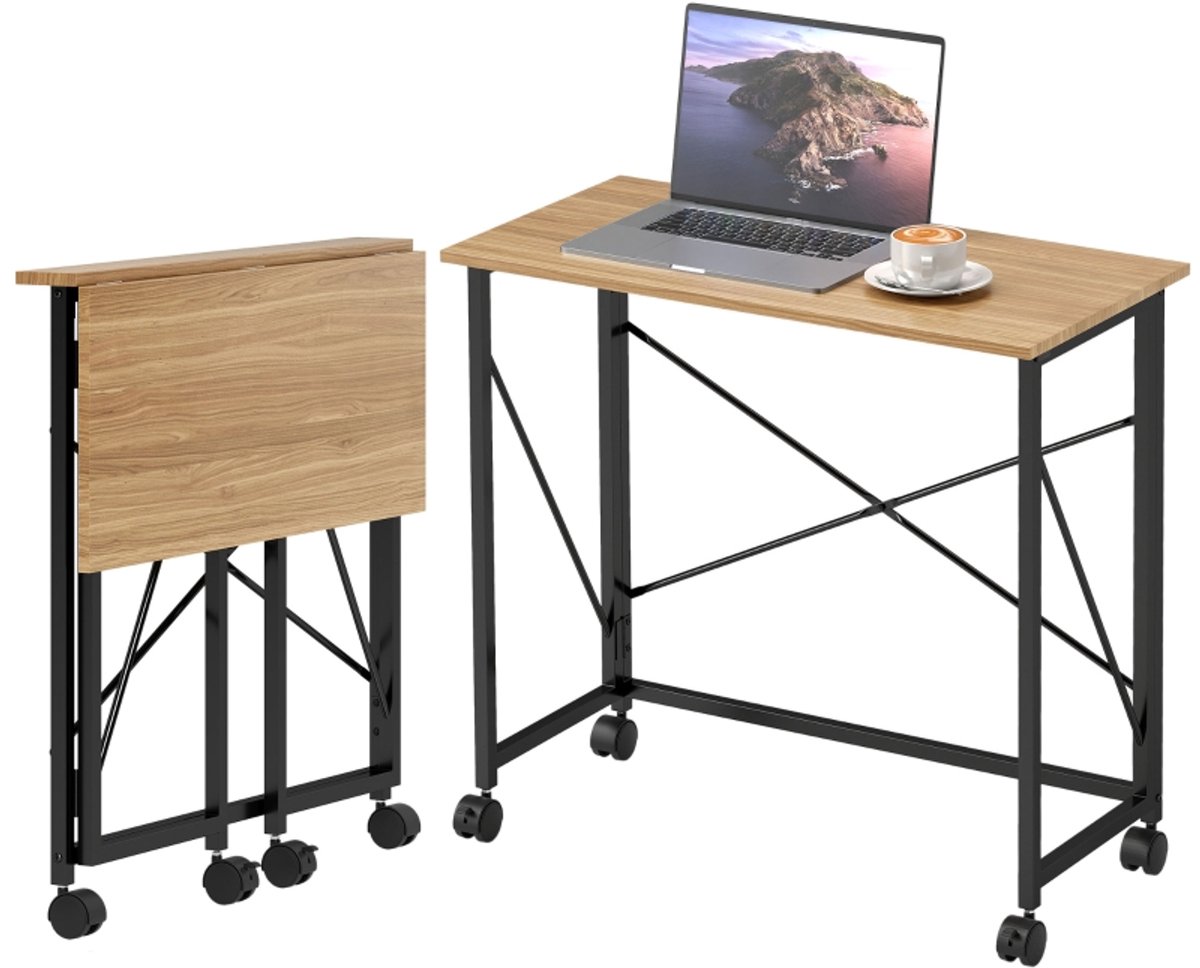 Inklapbaar Bureau 80 cm - Klapbureau Met 4 Wieltjes Opbergbaar Computertafel Thuiswerk Eiken