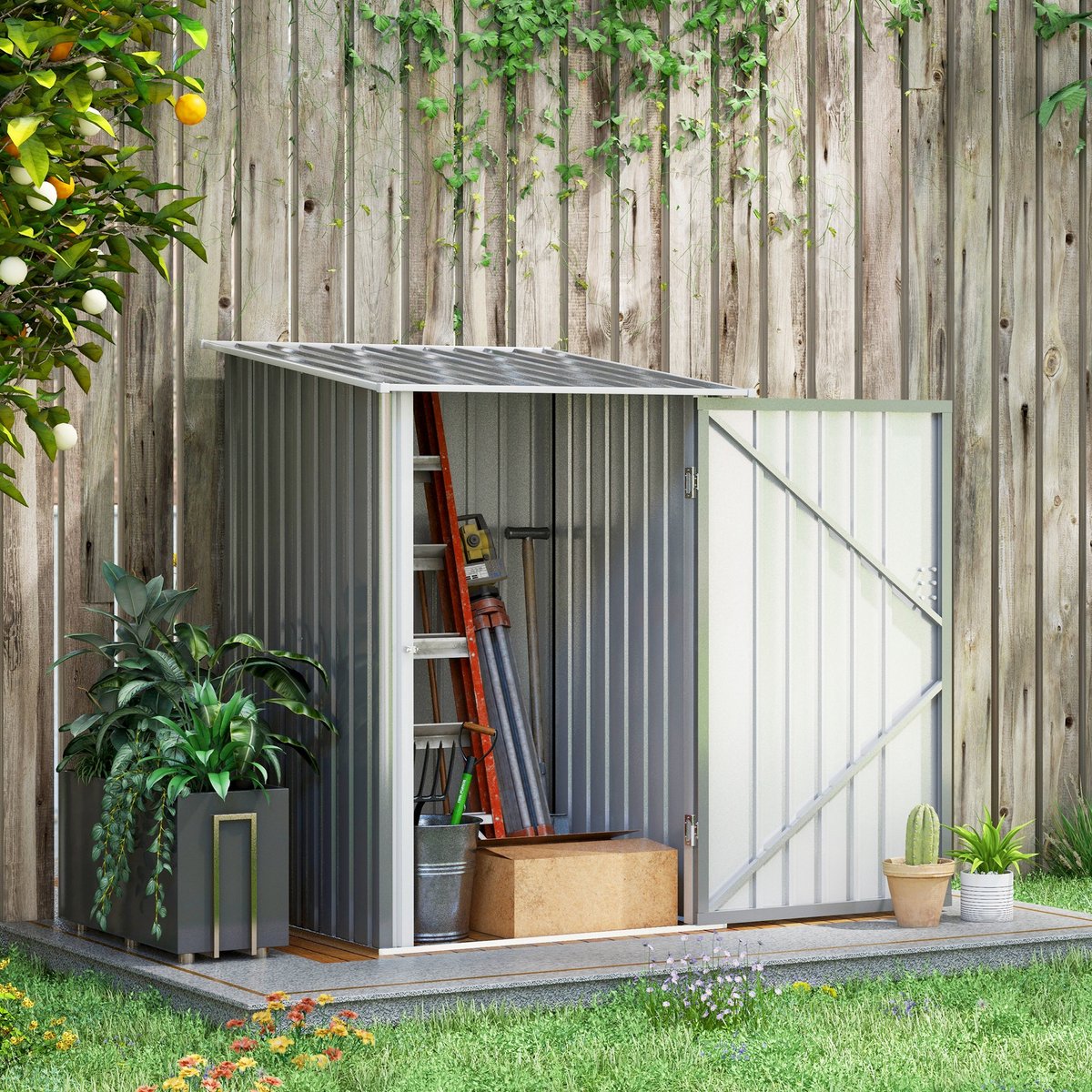 DESMIU Opbergkast – Afsluitbaar Met Lessenaarsdak – 100 x 103 x 160 cm – Staal – Grijs – Voor Tuingereedschap En Buitenopslag
