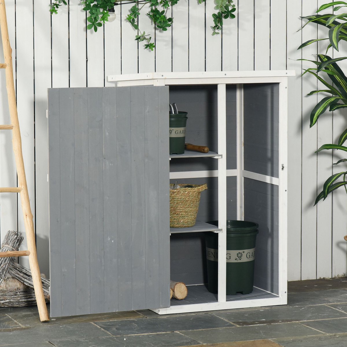 Berging Opbergkast Afsluitbaar 75 X 56 X 115 Cm Hout Grijs Wit Met Twee Binnenplanken En Schuin Dak Voor Tuinopslag