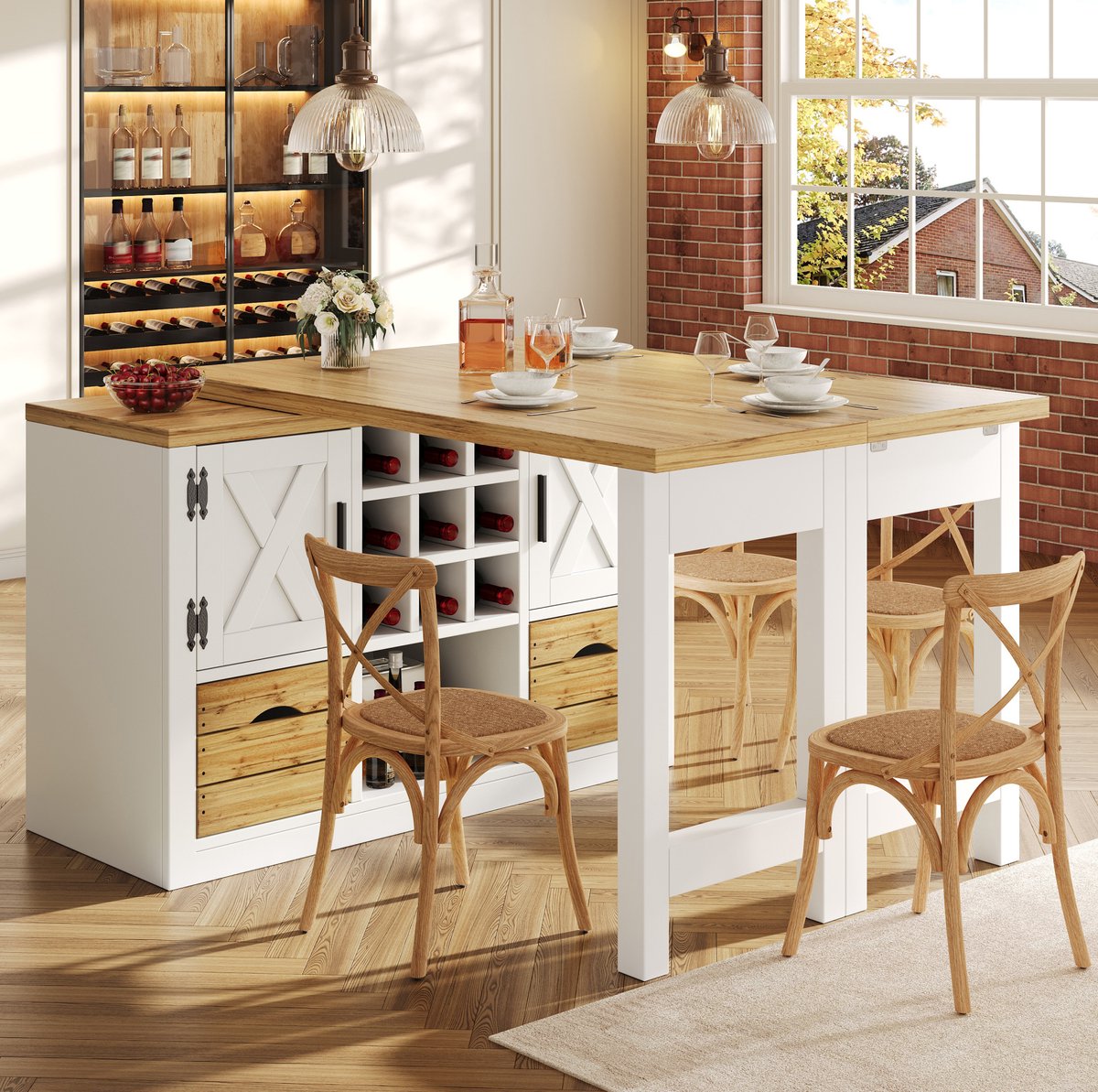 DESMIU Tafel - Uitschuifbare Eettafel Met 360° Draaiblad En Dressoir - Moderne Opbergruimte Voor Keuken En Woonkamer - MDF - Wit