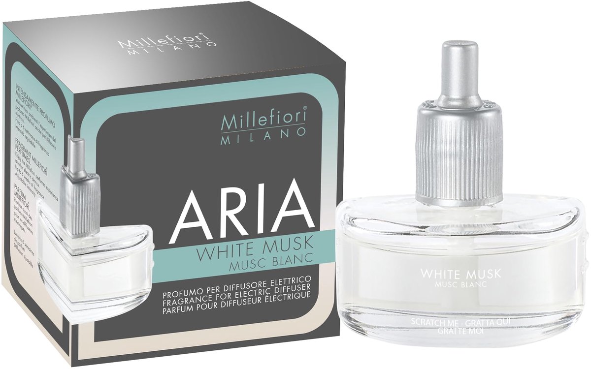 Millefiori Aria navulstekker 20 ml voor elektrische diffuser White Musk, glas, blauw, 7,2 x 6,5 x 4 cm - ShopVlot