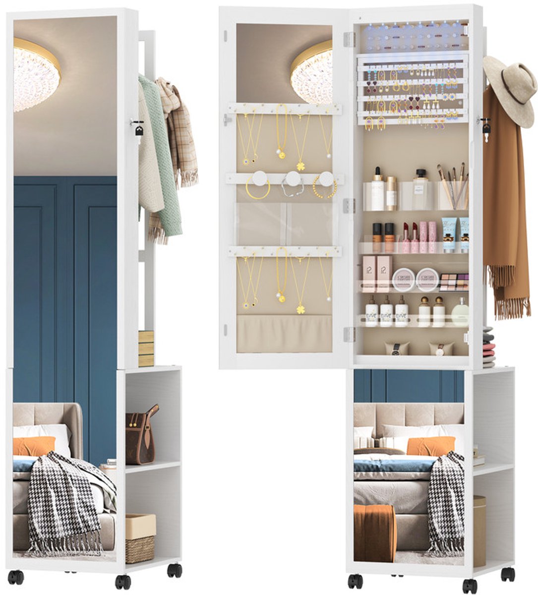 Hzuaneri Sieraden- en kledingkast met 8 leds, 164,6 cm sieradenopbergsysteem met 1 kledingrek, afsluitbare volledige lengte spiegel met 4 wielen, opslag planken met haken, Wit en Beige