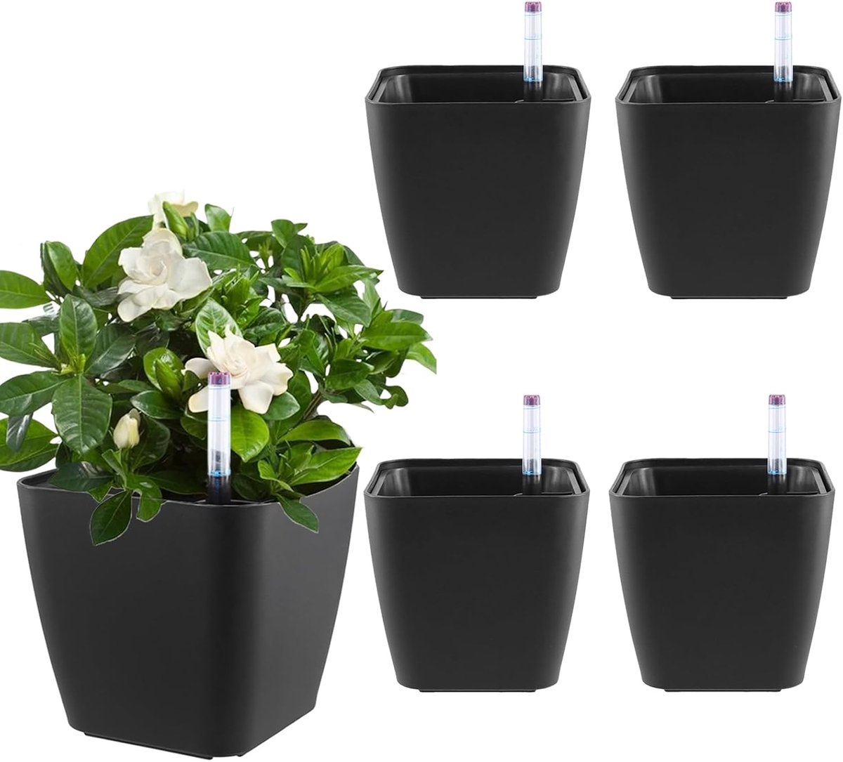 Self-Watering Pot, 5 Pieces, 14 cm, Square, Self-Watering Plastic Planter, Black, Self-Watering, Herb Pot with - ShopVlot