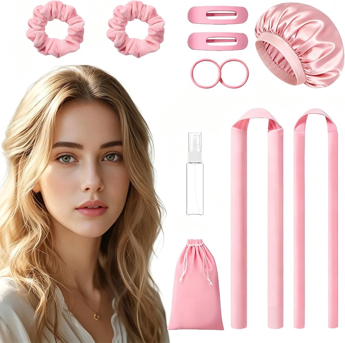 Heatless Curls Krulspelden zonder Warmte, 2 Maten, Roze, met Slaapkapje, Scrunchies en Haarclips, voor Lang en - ShopVlot