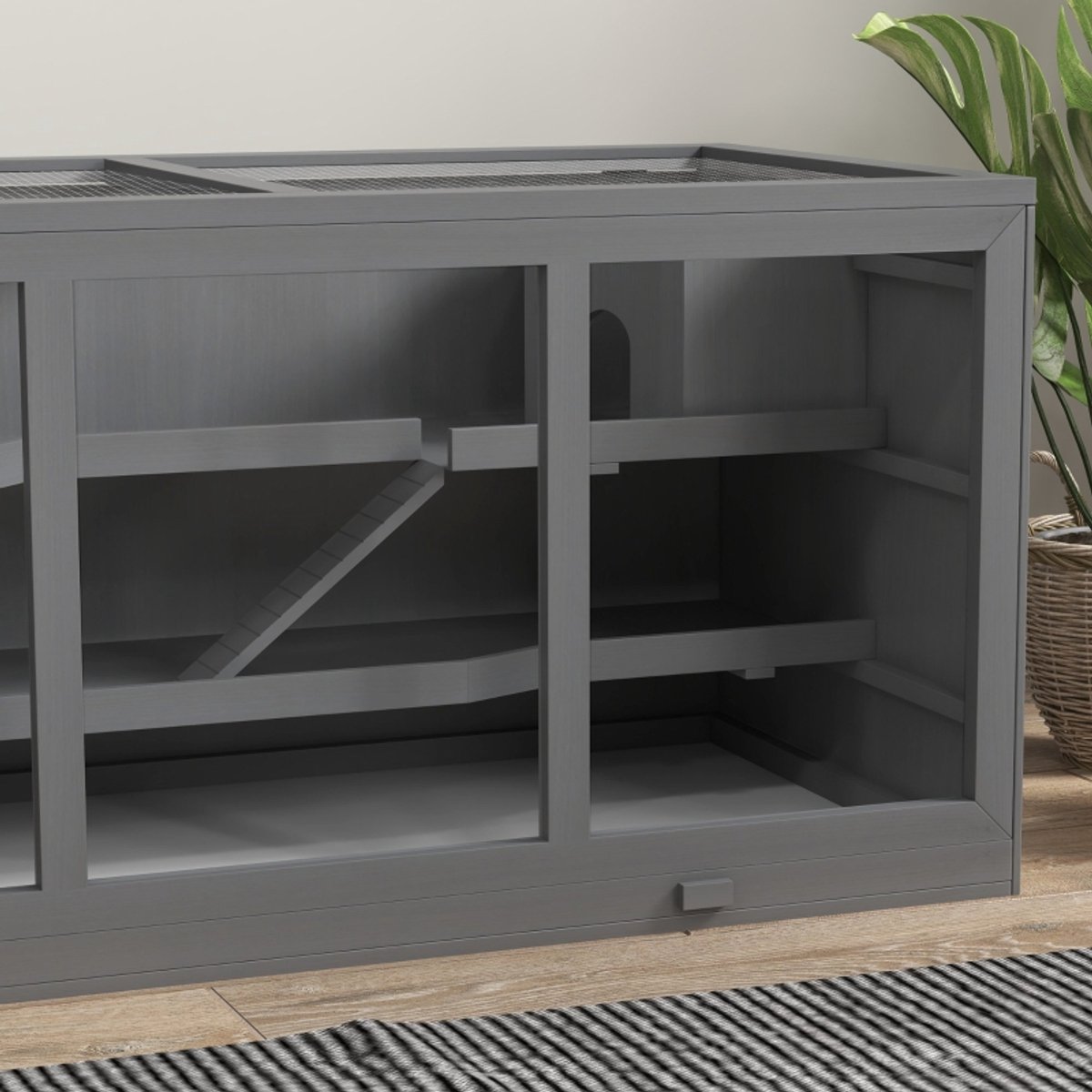 MODENUIT Knaagdierkooi – Meerdere Verdiepingen – 115 x 57 x 55 cm – Hout – Grijs – Met Opklapbaar Dak