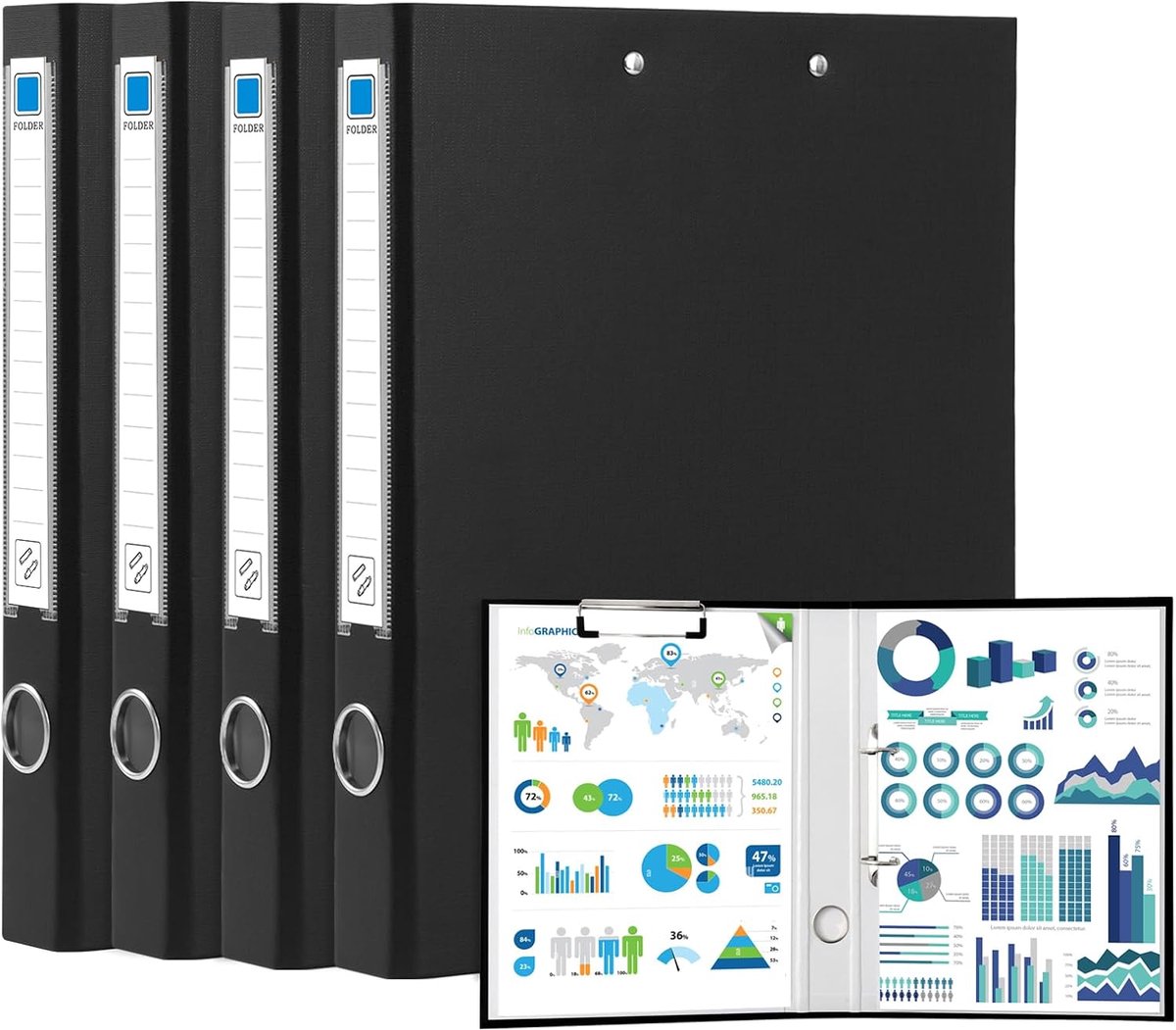 SnelShoppen - A4 Ringbinders Set van 4 met Clipboard, 45 mm Rugbreedte | 2 D-Ring Binder Folio voor Kantoor, Zakelijk, Restaurant, Zwart, Duurzaam PVC