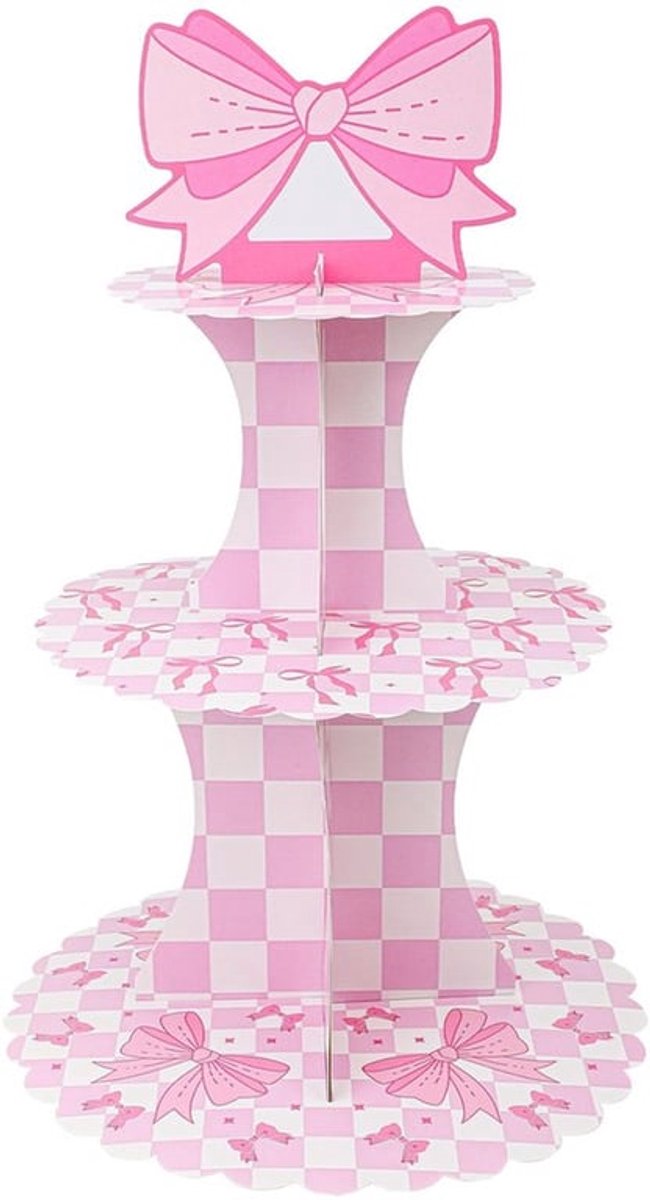 3-laagse cupcakestandaarddecoraties, roze strikdecoraties, strikthema cupcakestandaard, roze roostertaartstandaard, roze geruite striktaartstandaard, taartdecoraties voor meisjes, verjaardagsdecoratie