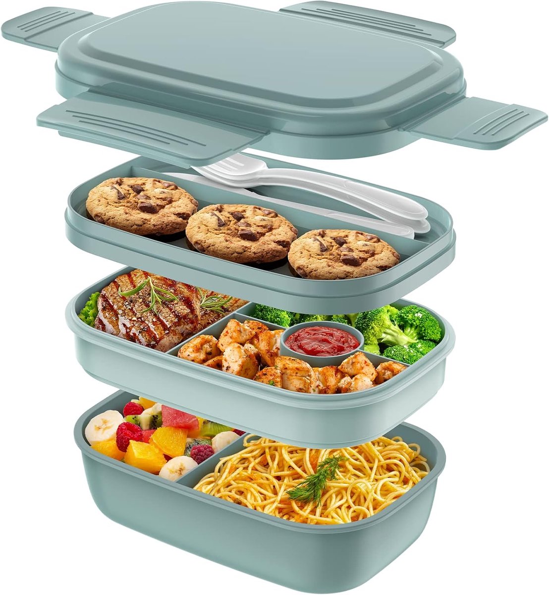 3-Laags Stapelbare Bento Lunchbox voor Volwassenen - Modern Minimaal Ontwerp met Bestekset - Lekvrije Broodtrommel voor Werk, Picknick, Uit Eten - Blauw- 1 Set