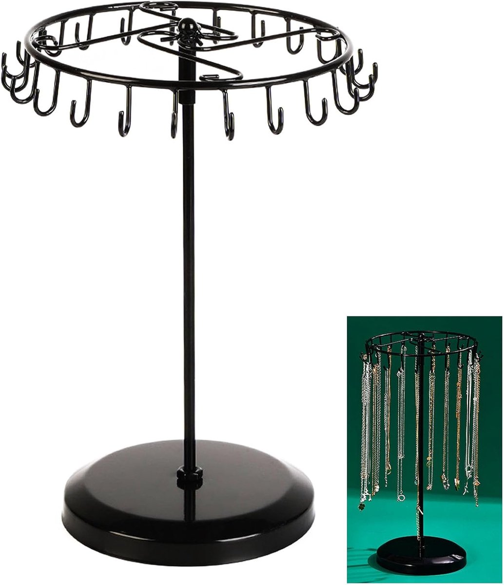 SnelShoppen - Swivel Jewelry Stand met 23 Haakjes - Sieradenhouder Voor Kettingen, Armbanden, Ringen, Oorbellen - Rotatiebaar - Zwart Metaal - Eenvoud