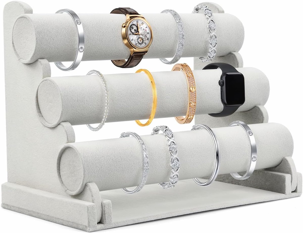 SnelShoppen - Velvet Sieradenstandaard, Luxe Velvet Armbandhouder met 3 Verwijderbare Niveaus, Sieradenstandaard voor Armbanden, Kettingen en Horloges