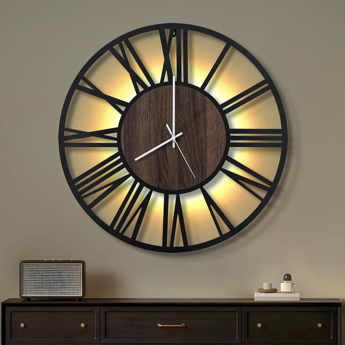 SnelShoppen - Grote Wandklok 50CM Zwart - Stille Klok zonder Tikken - Houten Metaalstijl - Modern LED voor Woonkamer, Slaapkamer en Kantoor - Romeinse