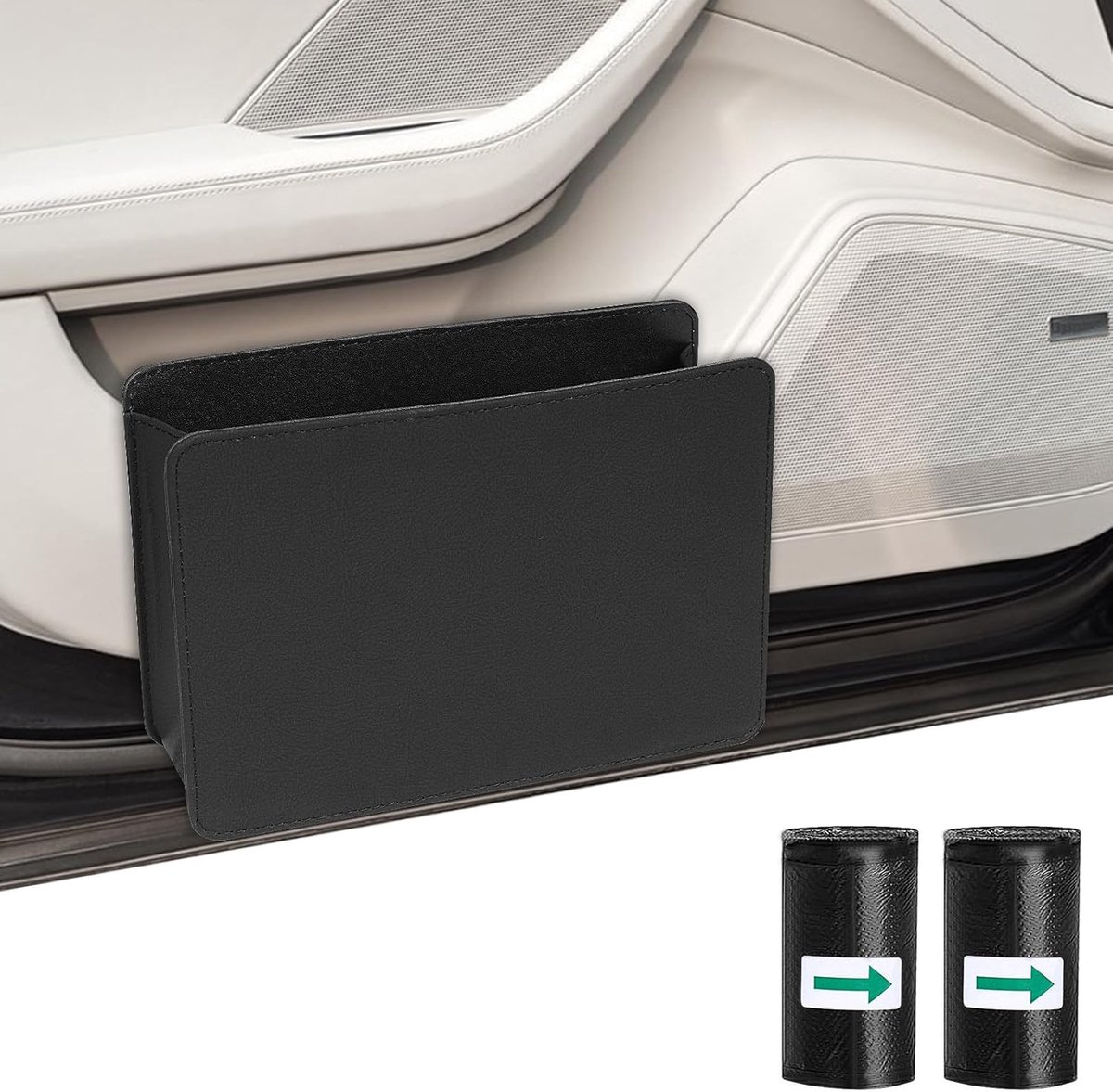 Kleine vuilnisemmer met vuilniszakken en opvouwbare auto-afvalemmer in leer met multifunctionele kofferbak-organizer.