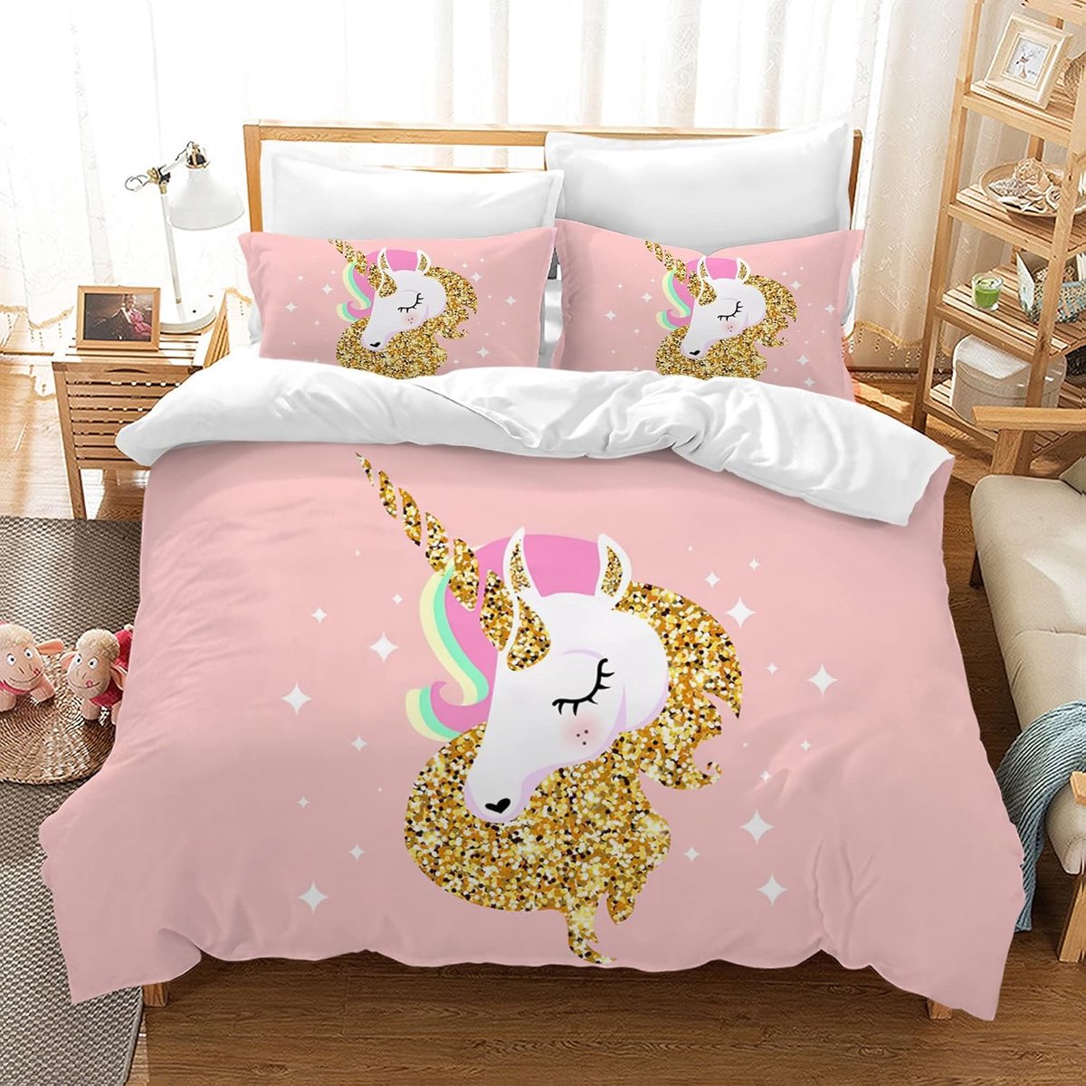 SnelShoppen - Kinderbedlinnen 200x200 cm, Eenhoorn Dekbedovertrekset met 2 Kussenslopen, Cartoon Eenhoorn Microvezel Meisjesbeddegoed met Rits, Perfec