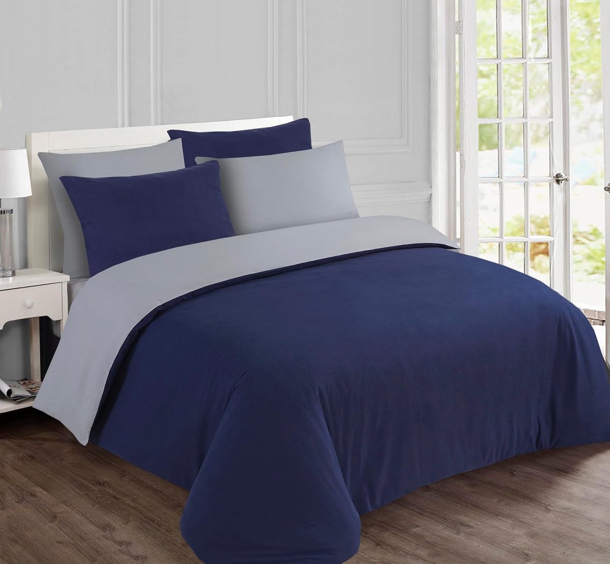 SnelShoppen - Vision Flannel Dekbedovertrek Set 240 x 220 cm - 100% Katoen Flanel - Reversible Grijs en Blauw - 2 Kussenslopen 65 x 65 cm - Warm en Za