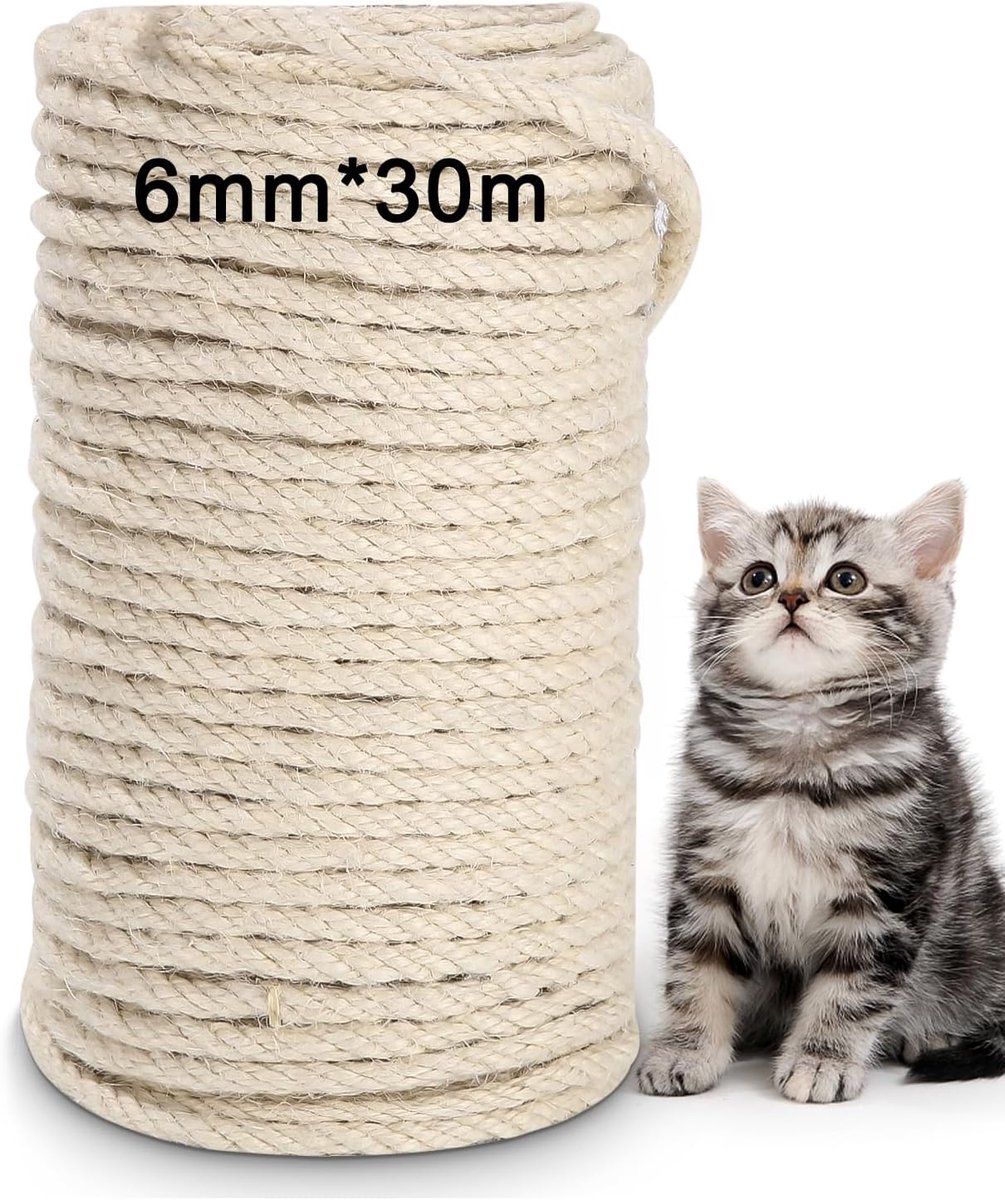 SnelShoppen - Sisal Touw Kattenboom Touw 6mm (30m) Natuurlijk Wit voor Reparatie Krabpaal, Herbruikbaar Tuin Decoratie, Huishouden, Kattenaccessoires,