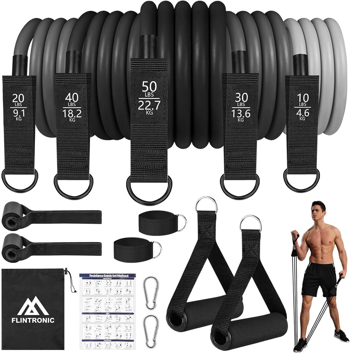 SnelShoppen - Weerstandsbanden Set met 5 TPE Fitnessbuizen, 2 Schuimhandgrepen, 2 Enkelbanden, 2 Deurankers, 2 Karabijnhaken voor Krachttraining, Pila