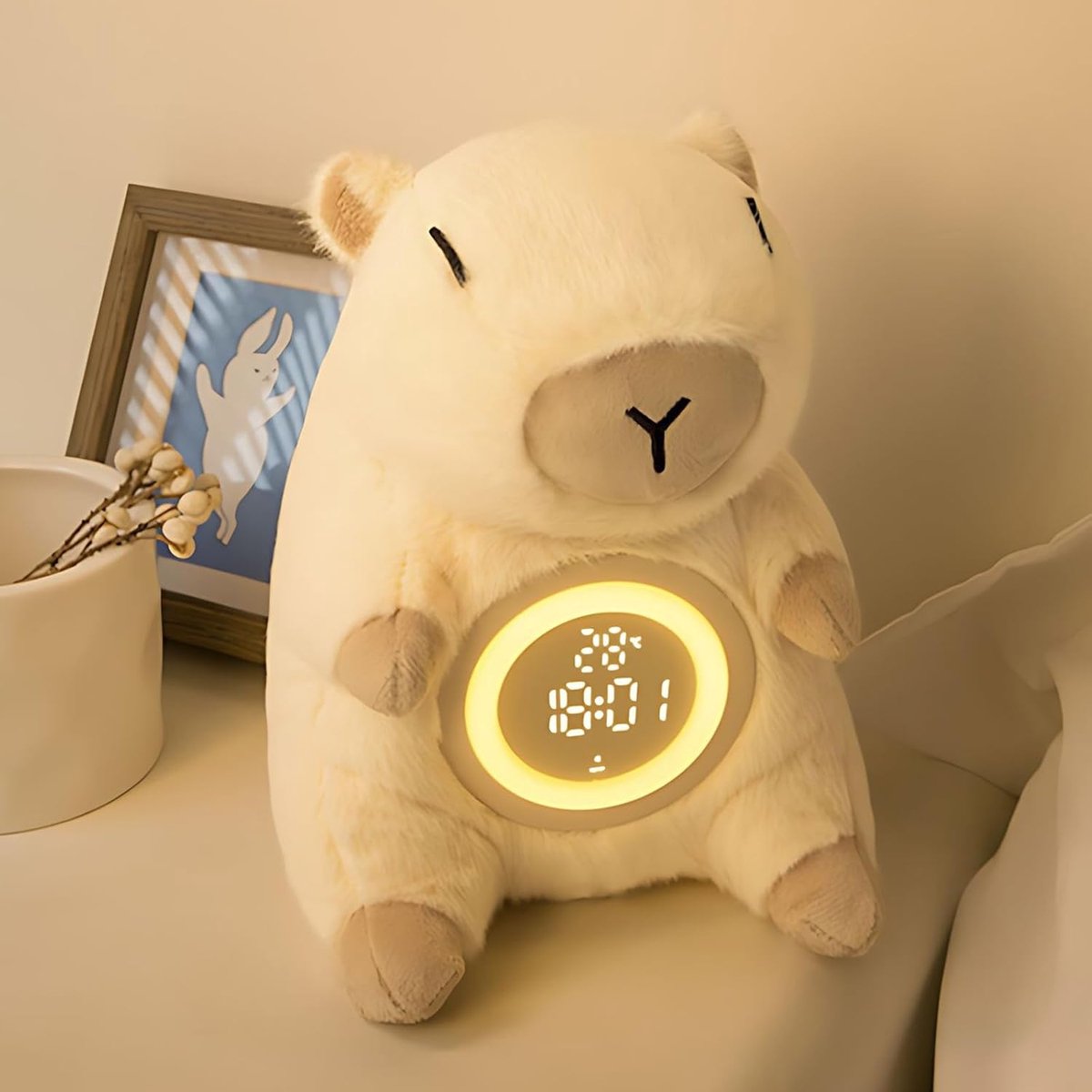 SnelShoppen - Kids Wekker Nachtlampje Pluche Speelgoed Kapibala Slaap Training Wekker met Telefoon Houder Dimbare Oplaadbare Lamp voor Kinderen