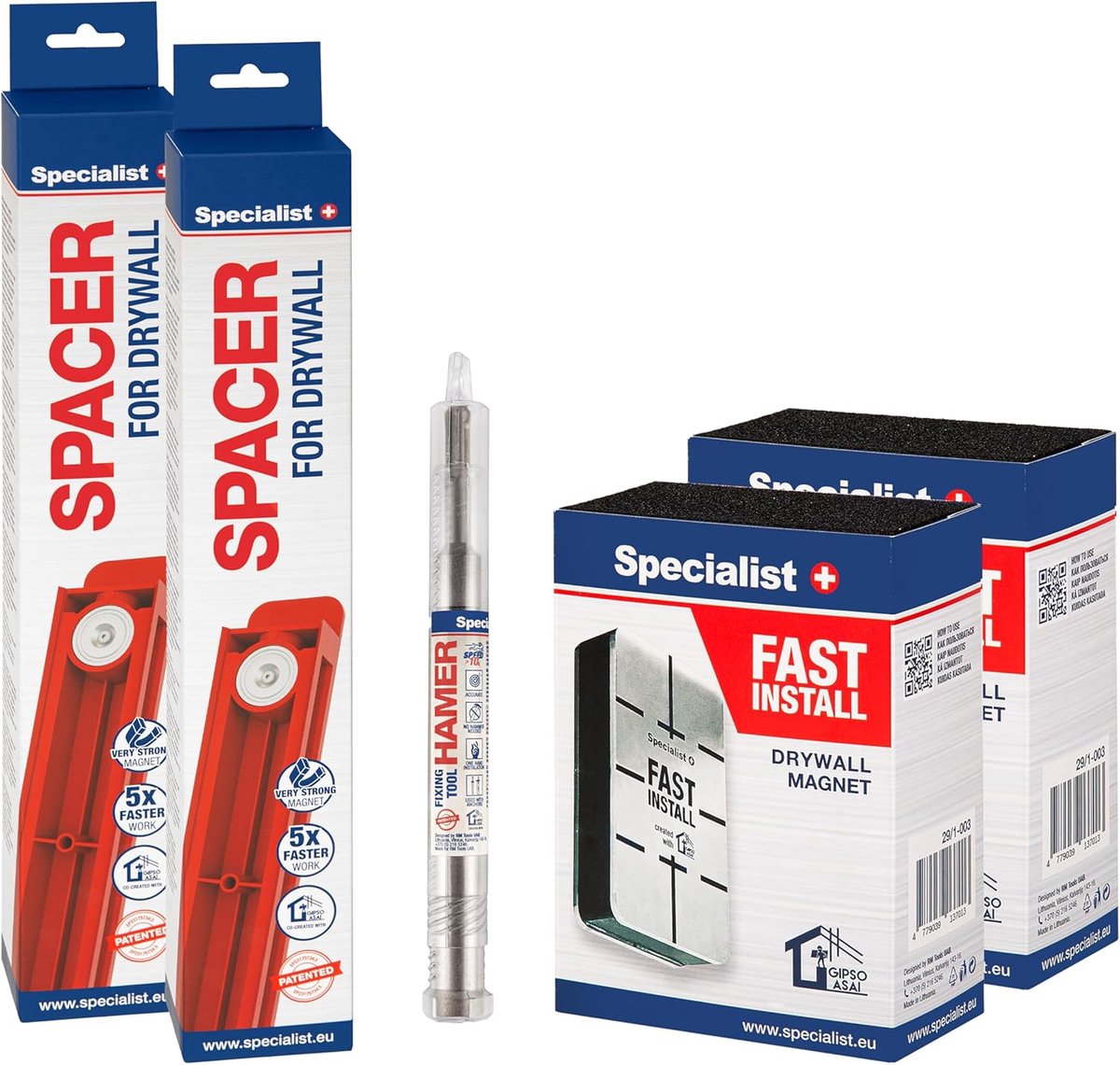 SnelShoppen - Specialist+ Toolset voor Droogbouw - 2x Spacer 40 cm, 2x Snelle Installatie Plakmagneten, 1x Hamer en Plugdriver voor Metalen Frame