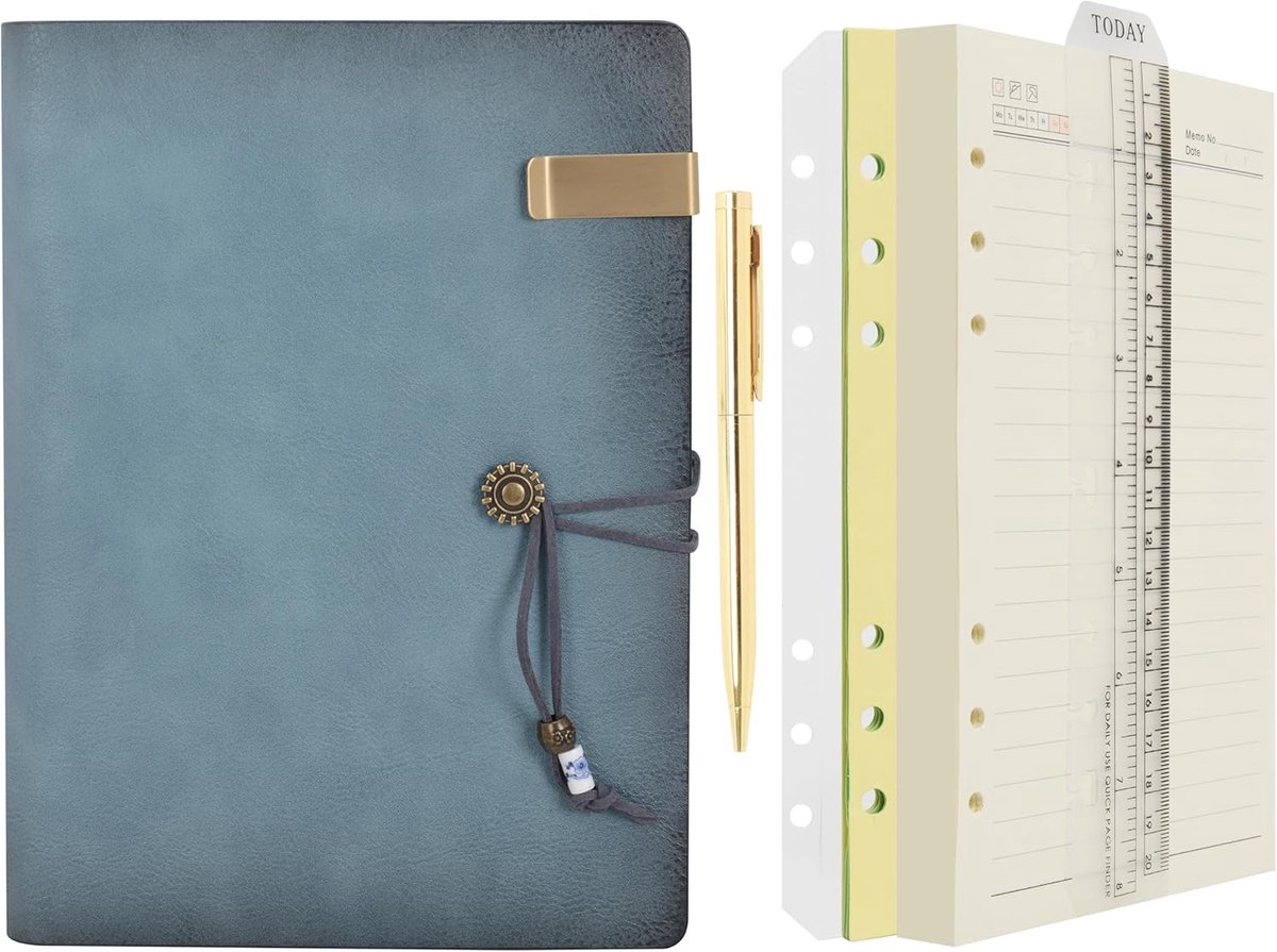 SnelShoppen - Leren Dagboek A5 met Gelinieerd Papier, Navulbaar 6-Rings Schrijfdagboek met Spiraalbinding, Inclusief Pen en Etui - Perfect voor Kantoo