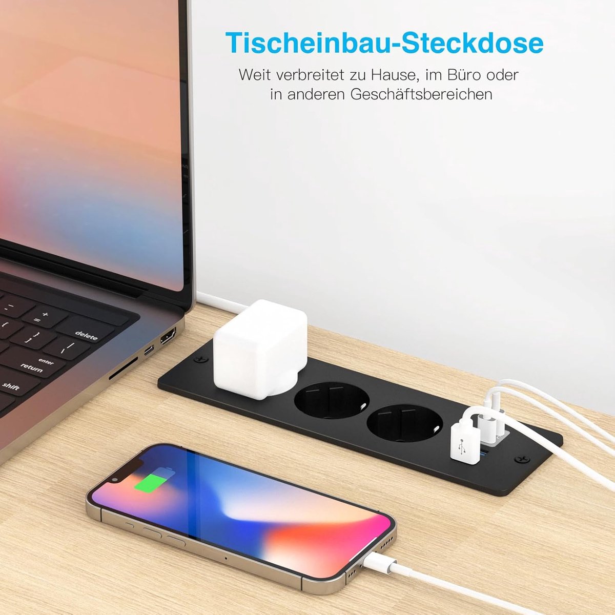 SnelShoppen - Tafelstopcontact met USB C, 3-voudig inbouwstopcontact met 2 m kabel, stekkerdoos voor vergadertafel, werkblad, nachtkastje, banktafel,