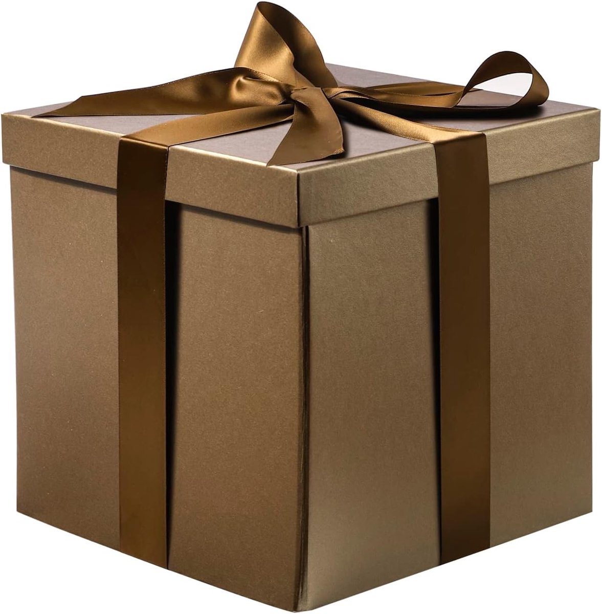 SnelShoppen - Middelgrote geschenkdoos voor verjaardag met deksel, lint en tissuepapier, opvouwbaar karton, 23x23x23 cm, bruin, perfect voor feesten e
