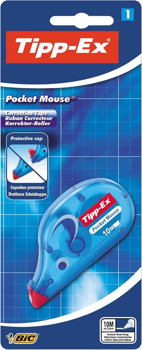 Tipp-Ex Pocket Mouse Correctieroller met Strap Guard - 4,2 mm x 10 m - Droog overschrijfbaar - Geschikt voor Linksen en Rechtshandigen - Transparante Behuizing - Compact en Handig voor Onderweg