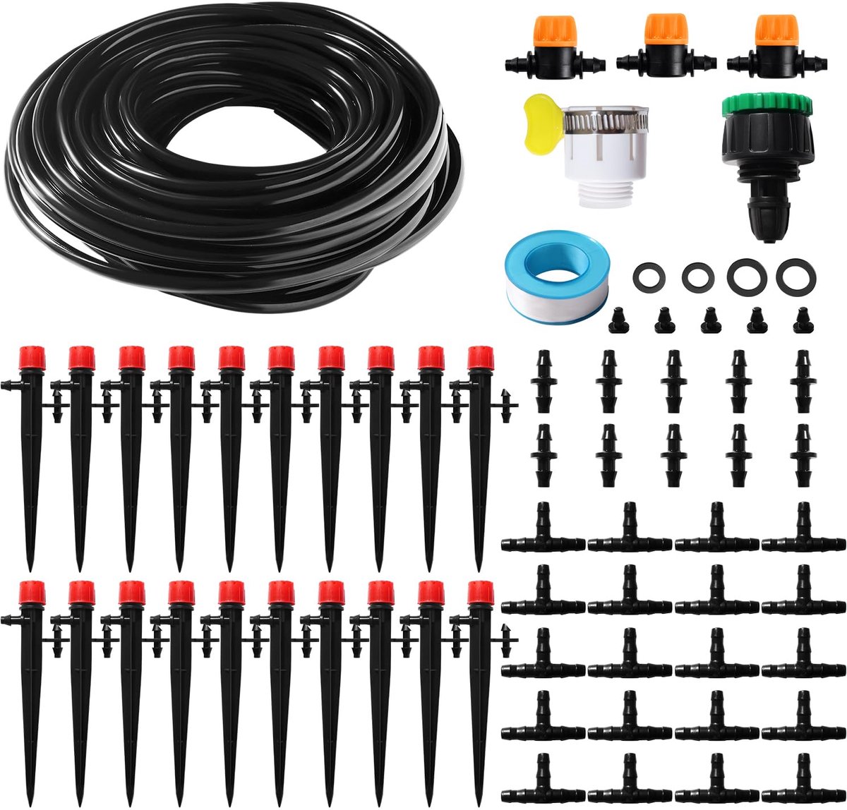 SnelShoppen - 66 Stuks Irrigatiesysteem Kit 4/6 mm met 15m Slang, Micro Drippers, T-Stukken en Verbindingen voor Tuin, Gazon en Patio