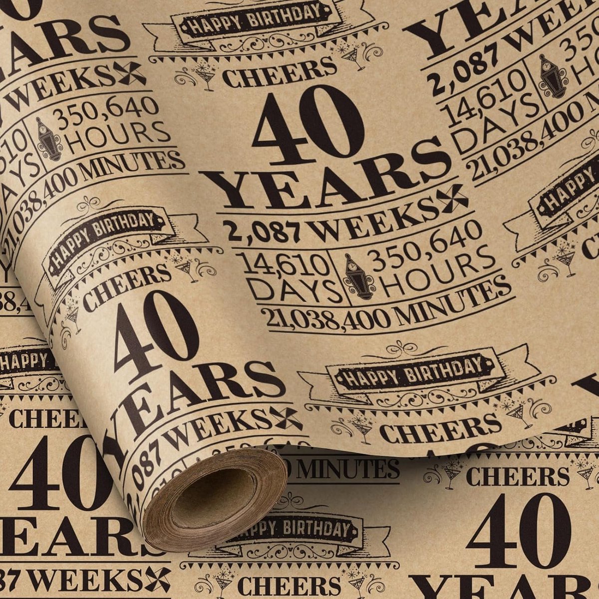 SnelShoppen - Verjaardagscadeaupapier Rol - Mini Rol 43,2 cm x 5 m - Zwart Kraft Papier - 40 Jaar Design - Perfect voor Verjaardag, Feest, Vakantie -