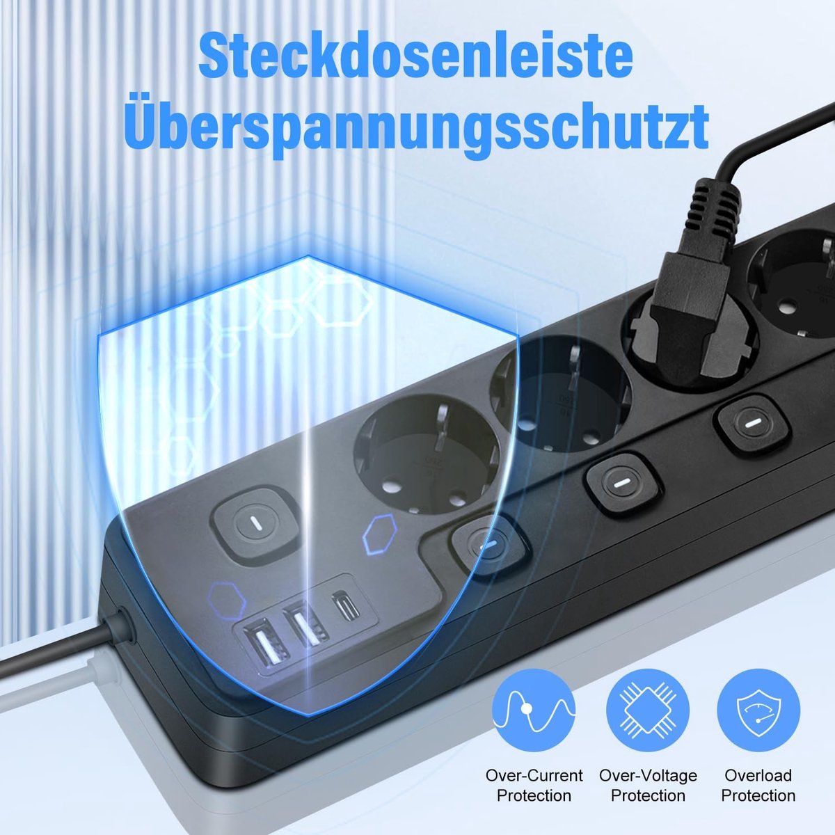 SnelShoppen - Stekkerdoos 5-voudig met Schakelbare Stopcontacten, 3 m Kabel, 2 USB-A en 1 USB-C, Overspanningsbeveiliging voor Thuis, Kantoor en Campi