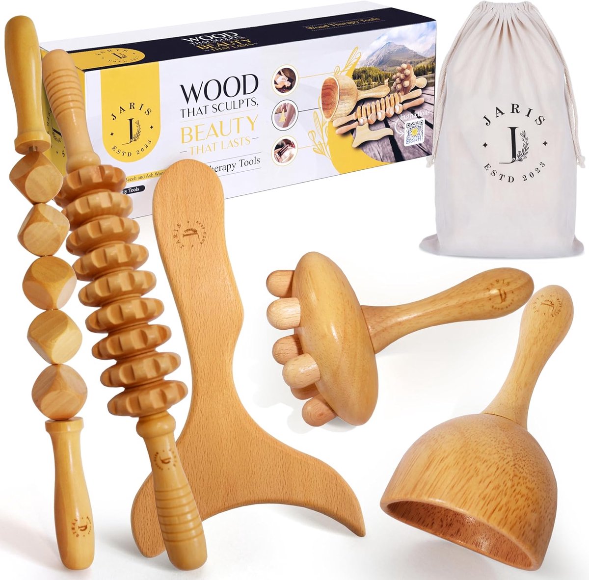 SnelShoppen - Madeira Maderotherapieset van Hout, Milieuvriendelijke Massageset met Maderotherapie Roller, Lichaamsmassagekit voor Ontspanning en Hers