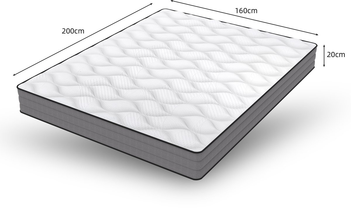 Pocketveringmatras 160x200 cm – 7 Zones Met Traagschuim – H3 Stevig Ligcomfort – Lyocell Tijk – 20 cm Hoog – Wit Grijs