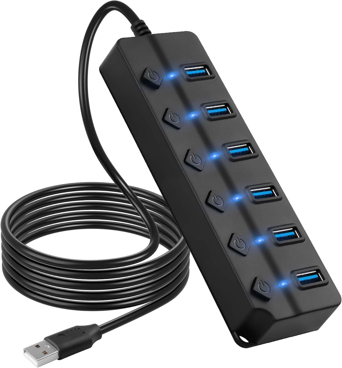 Thijox - 7-poorts USB-hub splitter met individuele aan/uit LED-schakelaars, 2m lange kabel, multi-poort uitbreider voor laptop, pc, printer, mobiele h