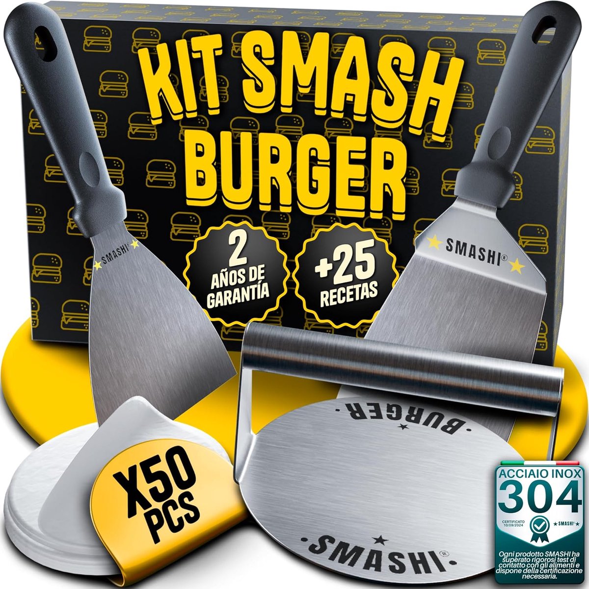 Thijox - Smash Burger Kit 7-delig Professioneel Roestvrij Staal 304 met Smasher, Deksels, Spatels, Antiaanbakpapier en Recepten voor BBQ, Feest, Keuke