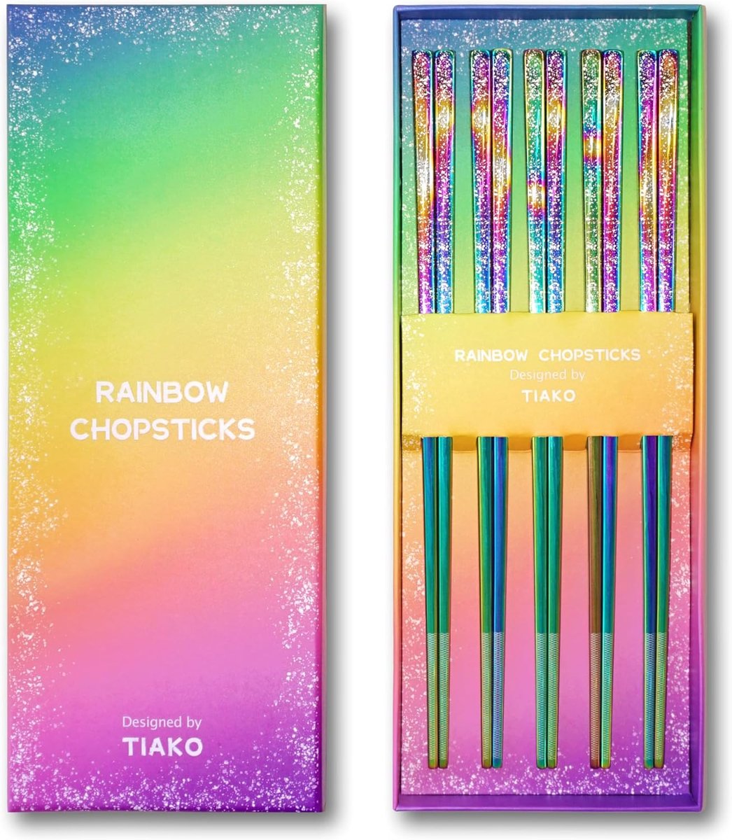 SnelShoppen - Roestvrijstalen Regenboogeetstokjes - 5 Paar Herbruikbare Metalen Eetstokjes met Antislip Tips - Vaatwasmachinebestendig - Kleurrijke Se