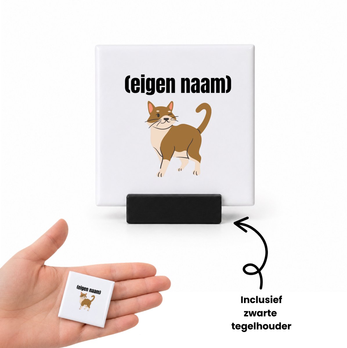 Hacebo kat met eigen naam tegeltje met tegelhouder - Katten - katten liefhebbers - tegeltjes met tekst - iemand die houdt van katten - verjaardag - cadeau - kado - spreuktegels - 4.8x4.8 CM Wit