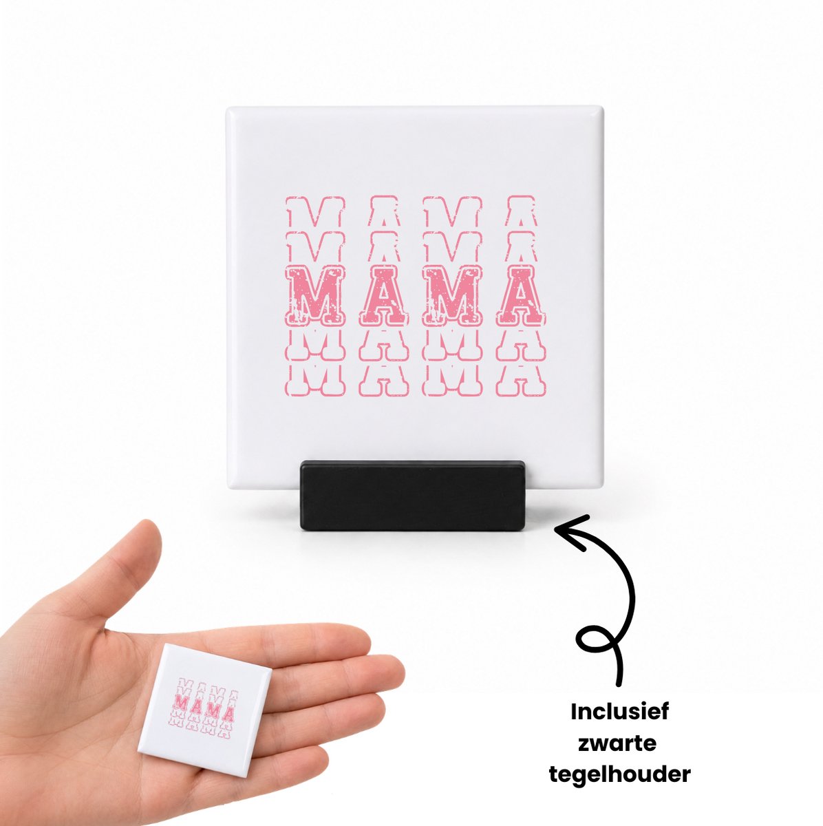 Hacebo Mama in het roze 5x gestapeld tegeltje met tegelhouder - Mama - Liefste mama - tegeltjes met tekst - moederdag cadeautje - Cadeau voor mama - Verjaardag - Geschenk - Cadeau - Gift - spreuktegels - 4.8x4.8 CM Wit